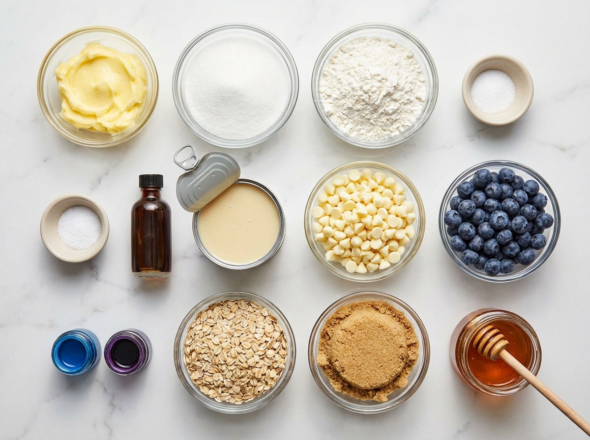 Ingredients for Blueberry Muffin Fudge with oats, berries, and white chocolate