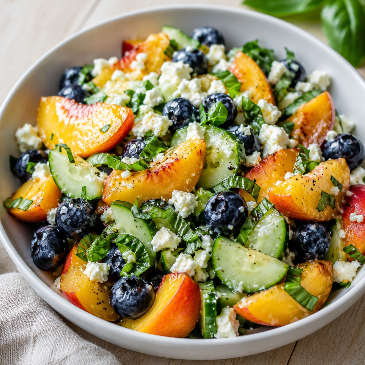 Blueberry peach feta salad with cucumber and basil in a white bowl