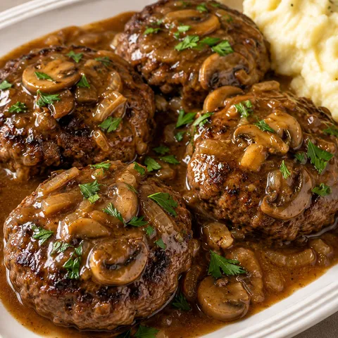Bobby Flay Salisbury steak with mushroom gravy and parsley