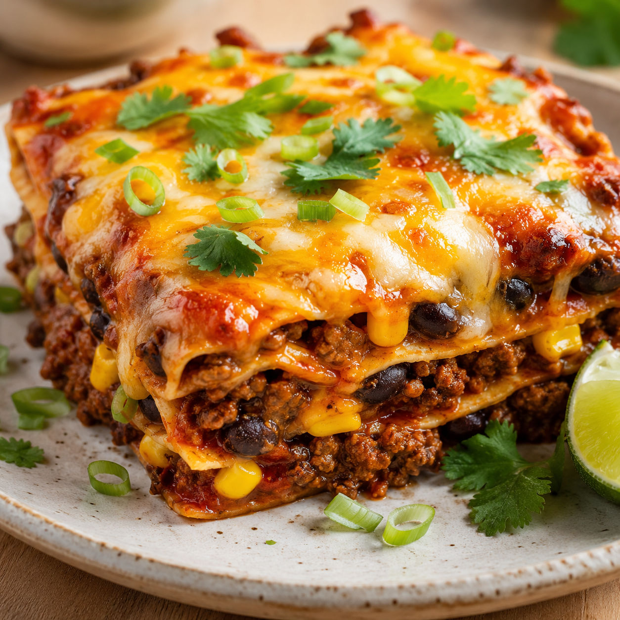 Cheesy Mexican beef casserole slice with cilantro and lime
