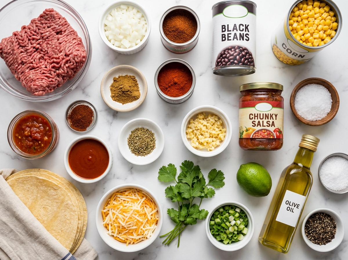 Ingredients for cheesy Mexican beef casserole on a wooden surface
