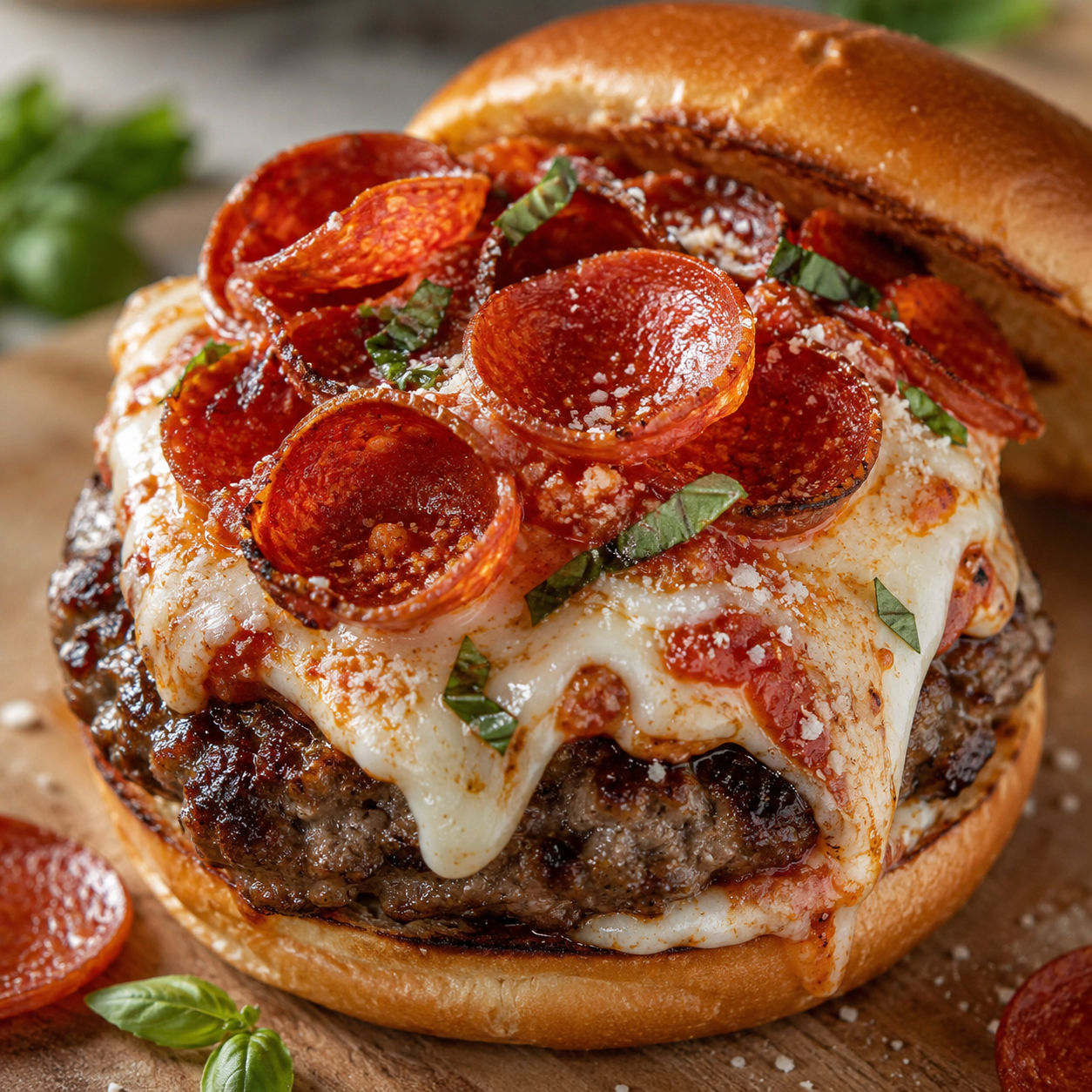 Pepperoni mozzarella burger with pizza sauce and basil on a toasted bun