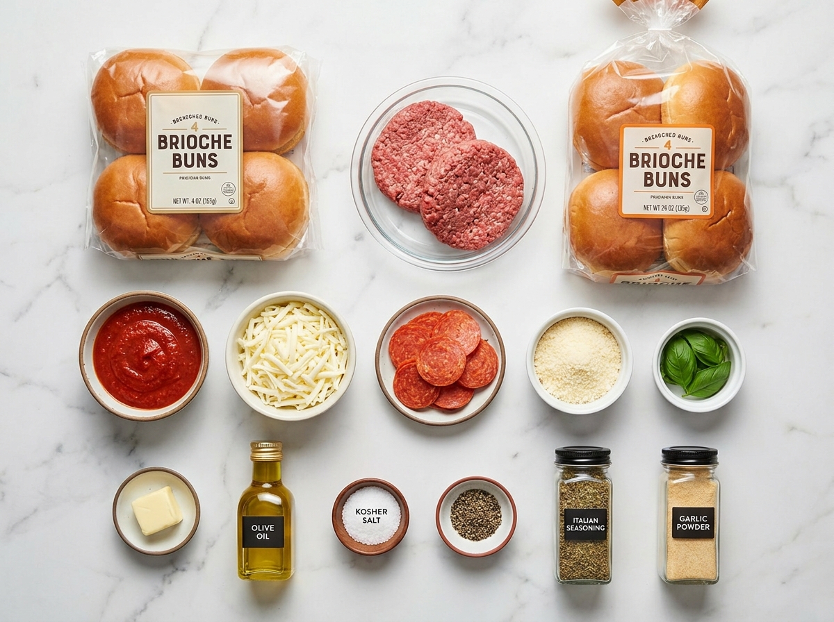 Ingredients for pepperoni mozzarella burgers with beef, buns, sauce, and cheese