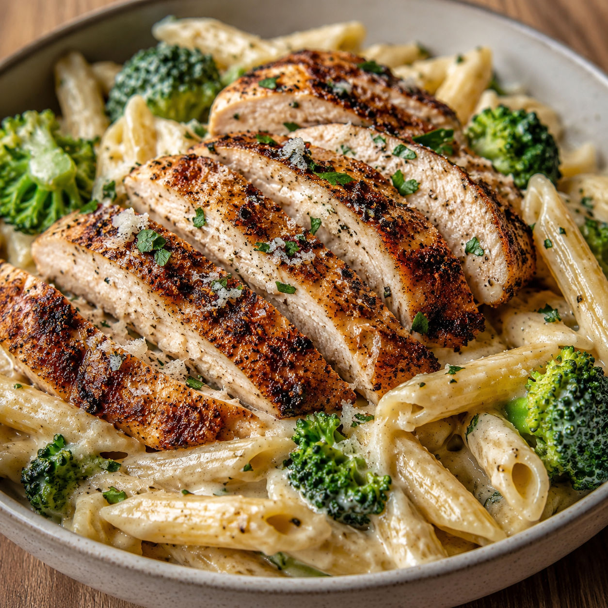 Cajun chicken broccoli Alfredo pasta with parsley in a shallow bowl
