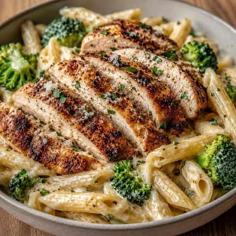 Cajun chicken broccoli Alfredo pasta with parsley in a shallow bowl