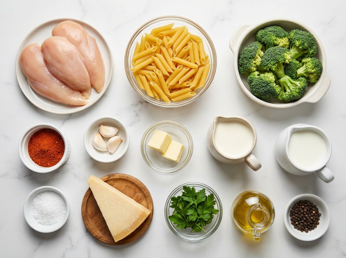 Ingredients for Cajun chicken broccoli Alfredo pasta on a pale surface