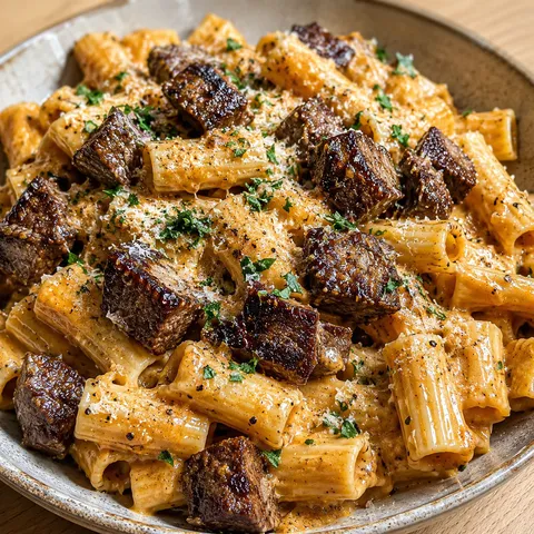 Cajun steak rigatoni with creamy Parmesan sauce and parsley