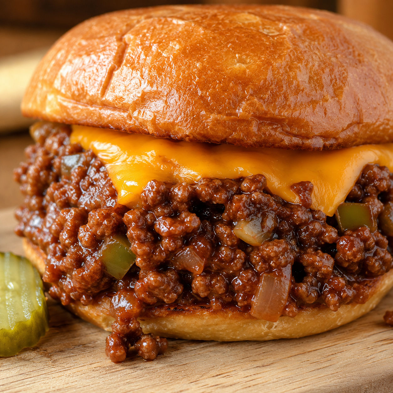 Bold Dr. Pepper BBQ sloppy joes with saucy ground beef and melted cheddar on a toasted brioche bun