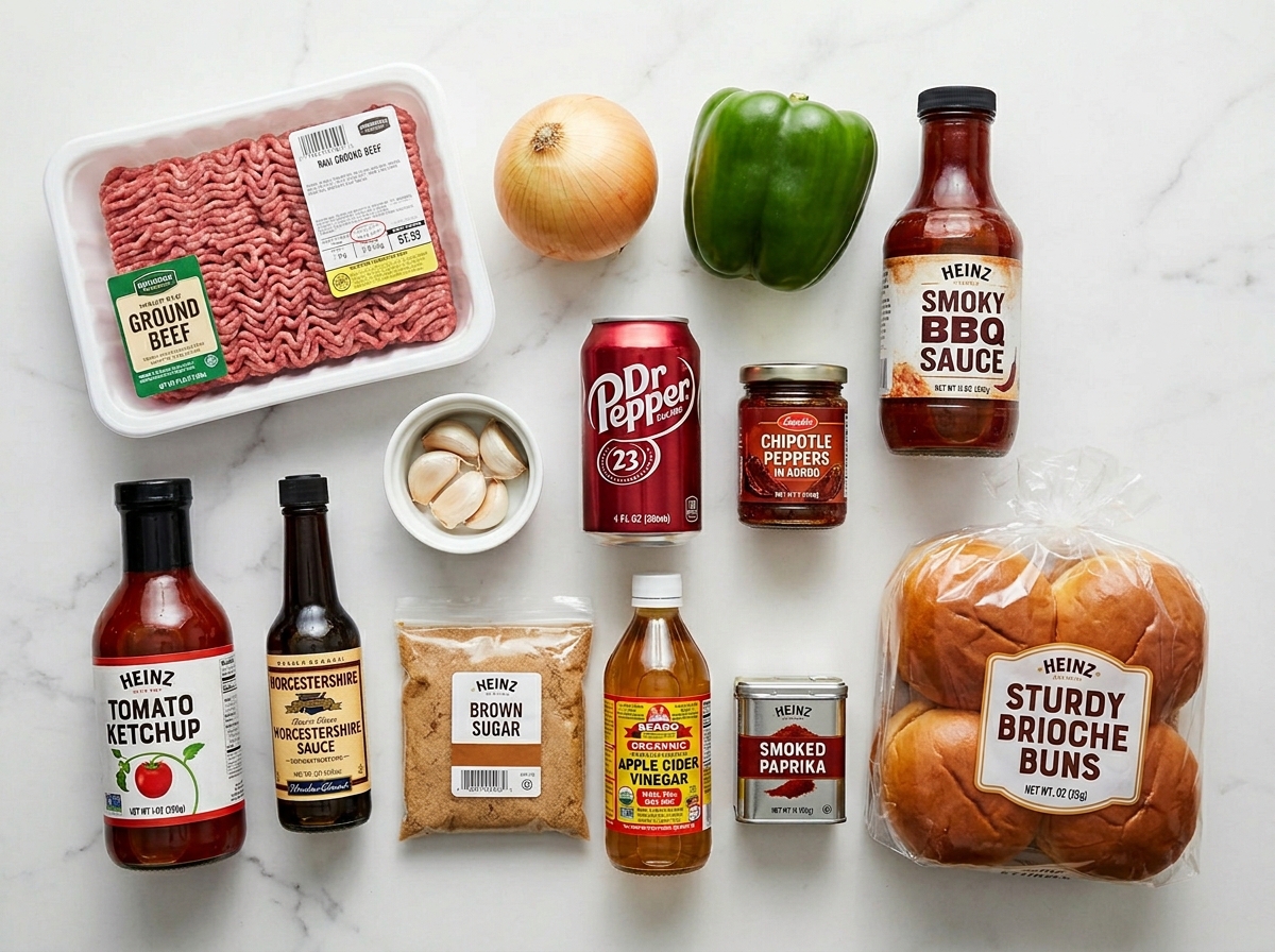 Raw ingredients for Dr. Pepper BBQ sloppy joes including ground beef, Dr. Pepper, barbecue sauce, and chipotle peppers