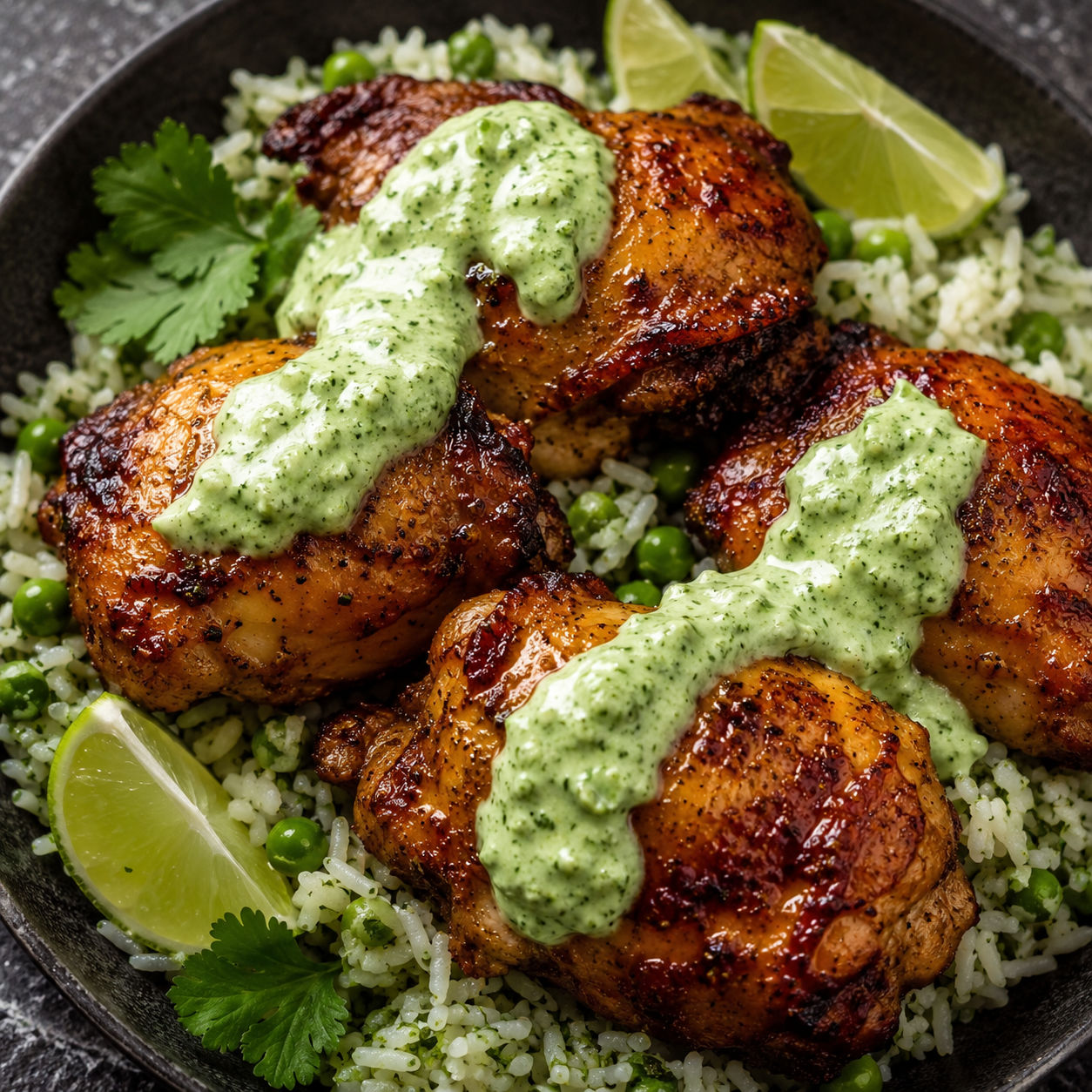 Peruvian chicken over cilantro rice with creamy green sauce and lime