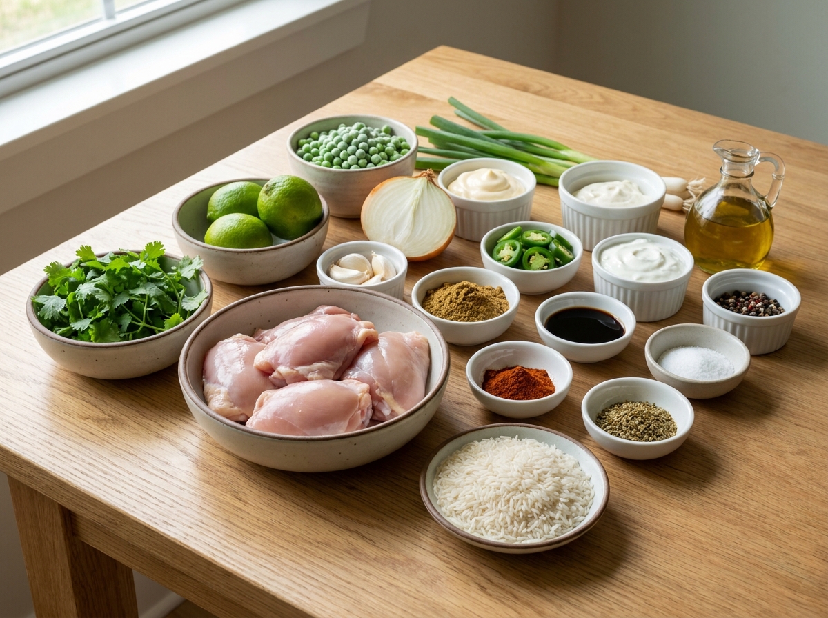 Ingredients for Peruvian chicken with rice and creamy green sauce