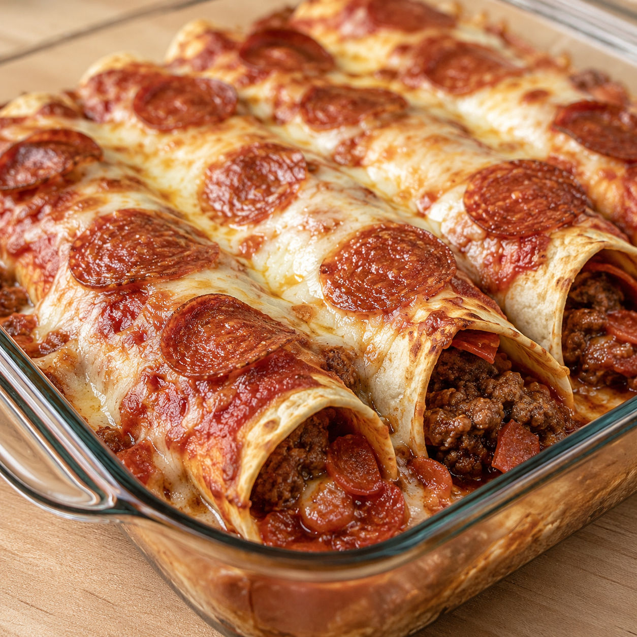 Baked pizza enchiladas with pepperoni and mozzarella in a glass dish