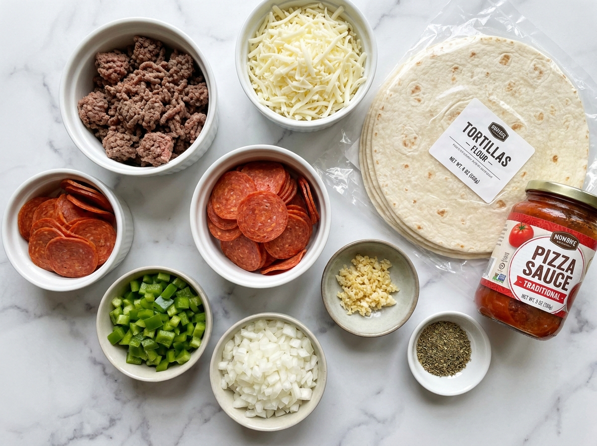 Raw ingredients for pizza enchiladas with beef and pepperoni