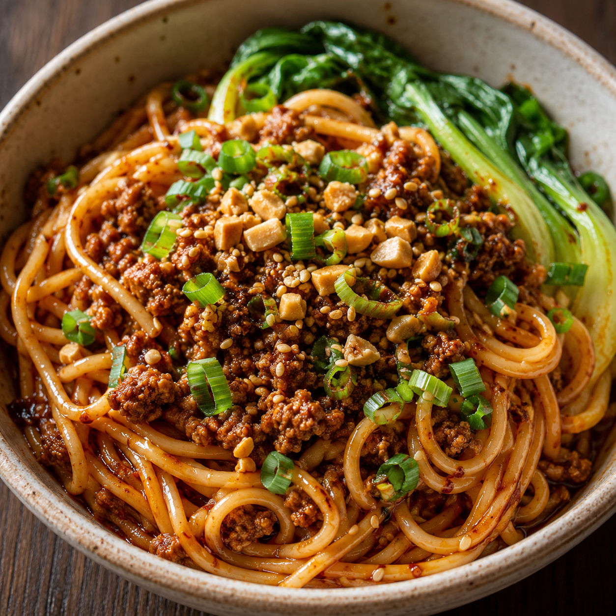 Dan dan noodles with spicy beef, sesame, scallions, peanuts, and bok choy