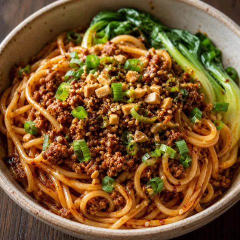 Dan dan noodles with spicy beef, sesame, scallions, peanuts, and bok choy