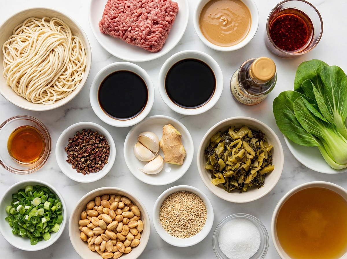 Ingredients for beef dan dan noodles with sesame paste, chili oil, and greens