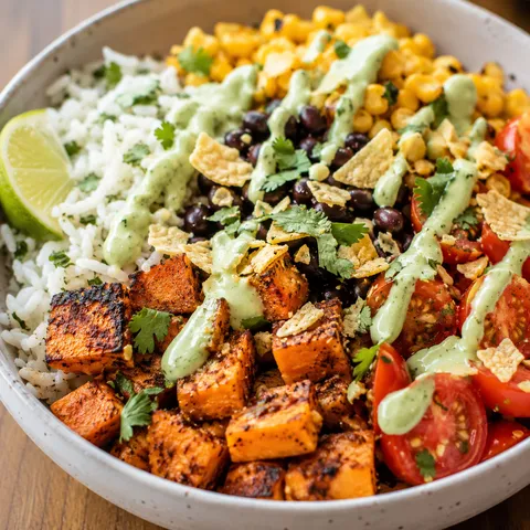 Sweet potato taco bowl with black beans, corn, tomatoes, and avocado drizzle