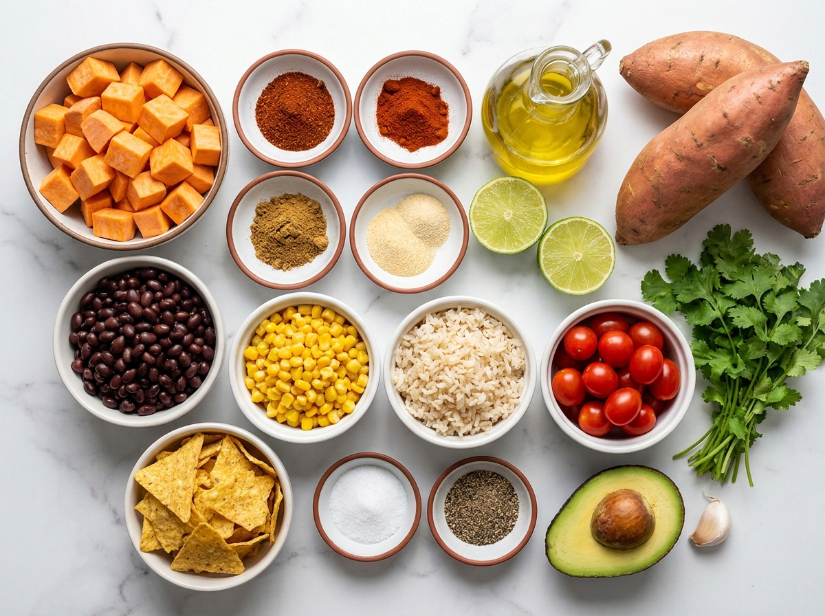 Ingredients for sweet potato taco bowls with beans, corn, avocado, lime, and spices