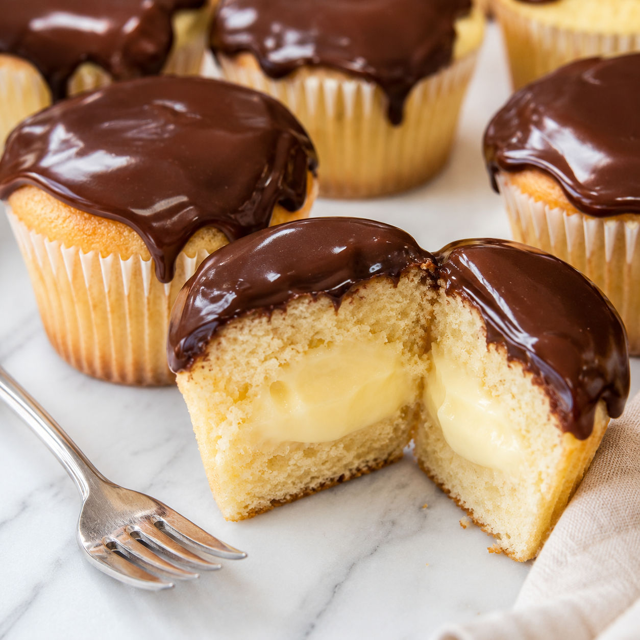 Boston Cream Pie Cupcakes with glossy ganache and vanilla custard filling