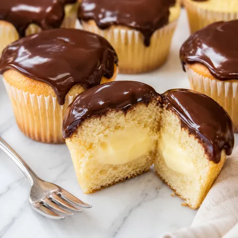 Boston Cream Pie Cupcakes with glossy ganache and vanilla custard filling