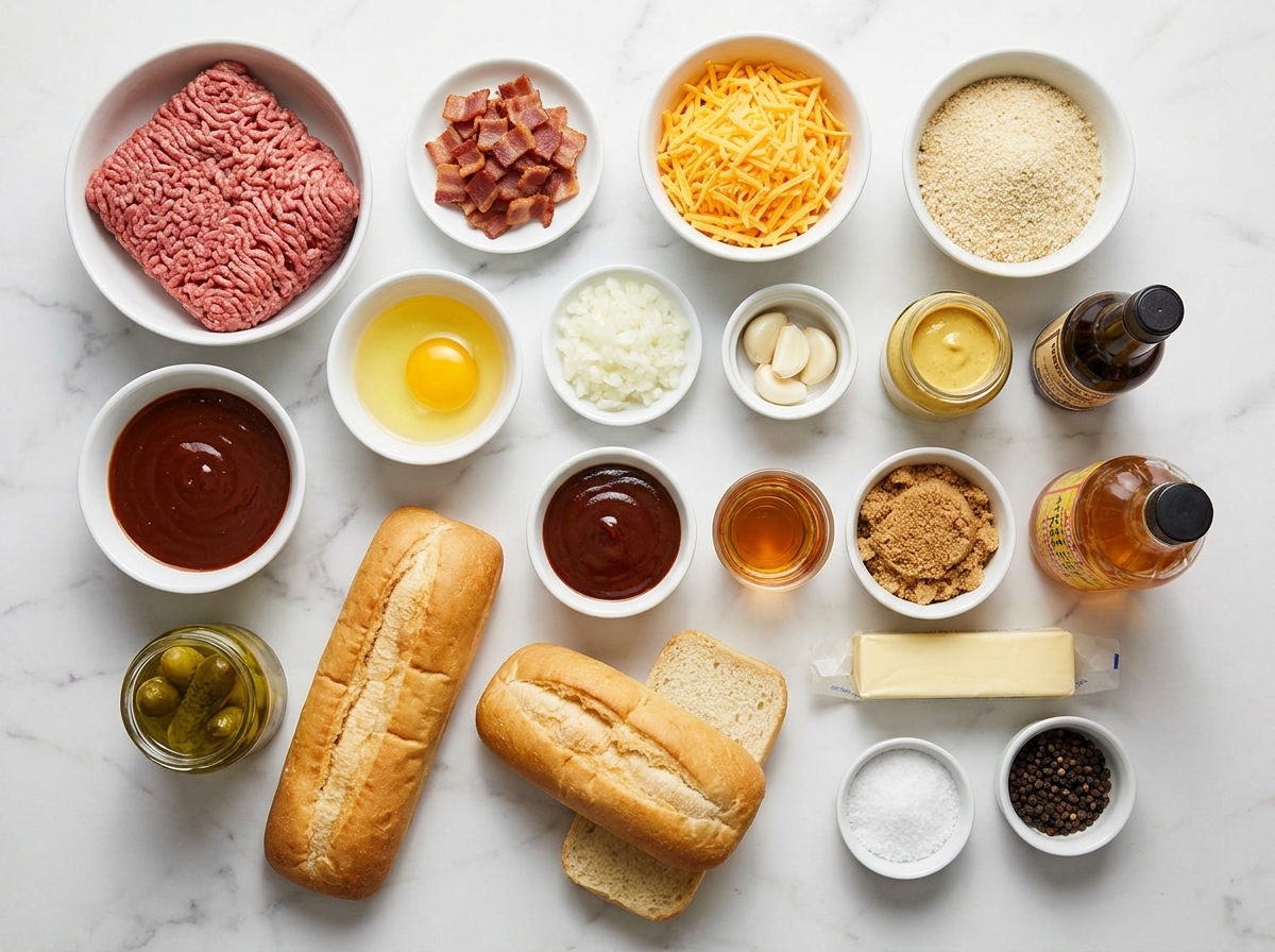 Ingredients for bourbon BBQ bacon cheeseburger meatball subs on a counter