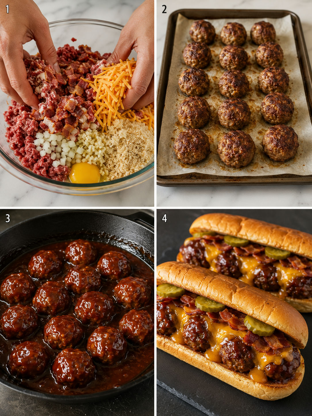 Four cooking steps for bourbon BBQ bacon cheeseburger meatball subs