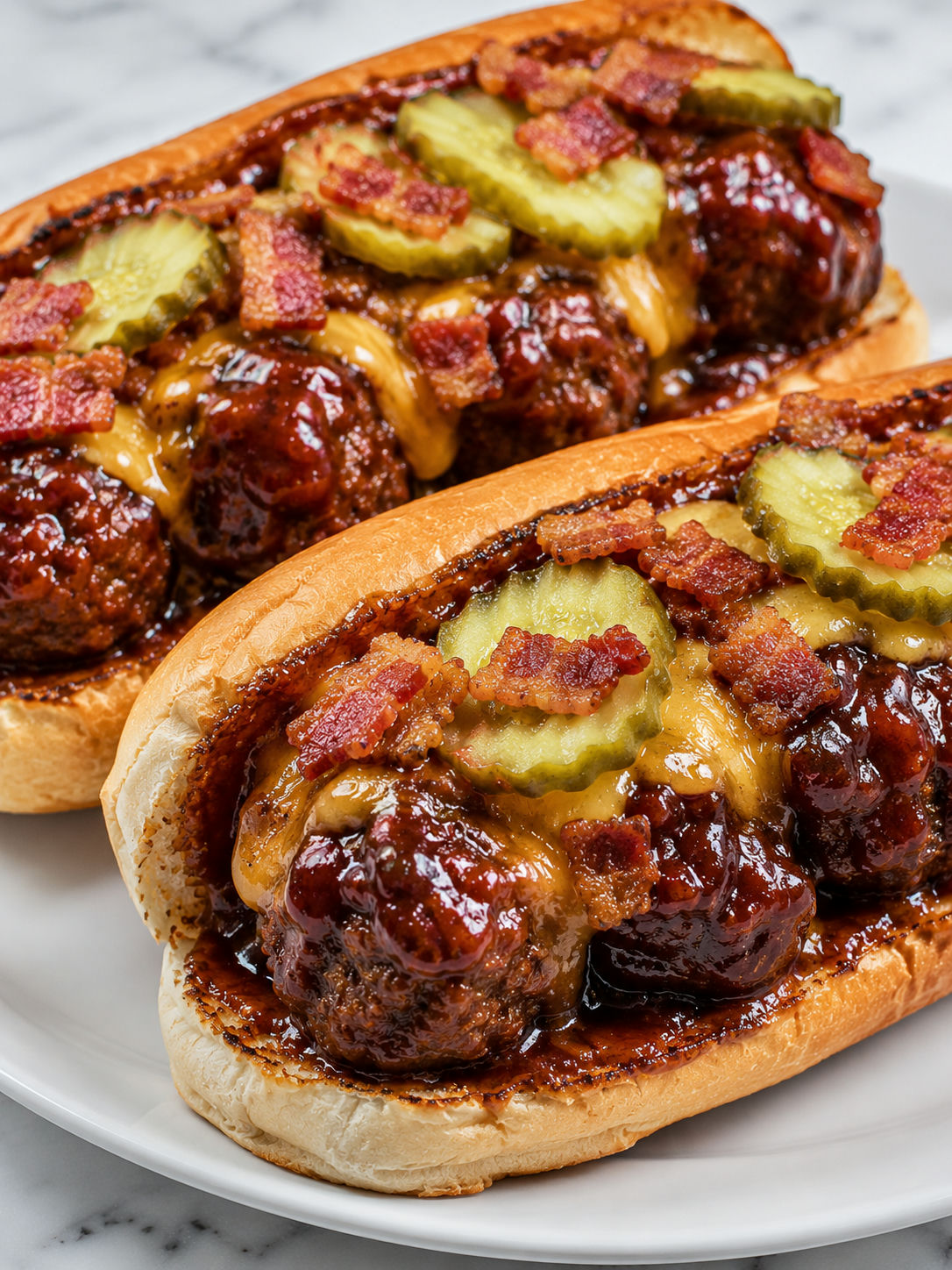 Saucy bourbon BBQ bacon cheeseburger meatball subs with melted cheddar