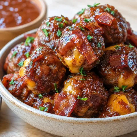 Bourbon BBQ bacon cheeseburger meatballs glazed and stacked in a shallow bowl