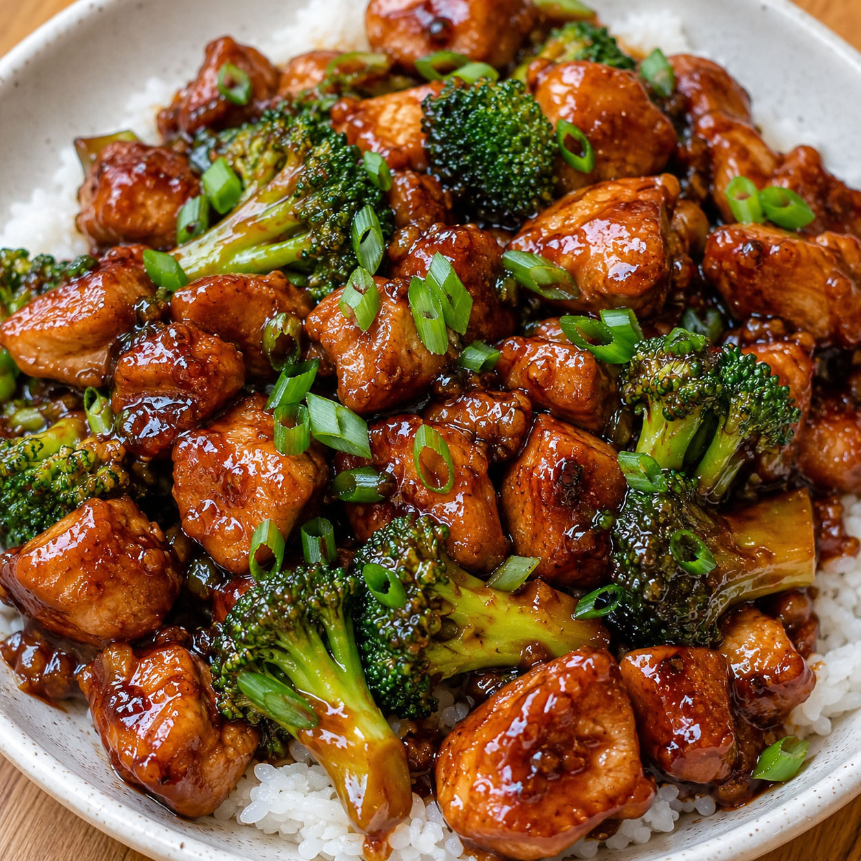 Bourbon chicken with broccoli in sweet soy glaze over white rice
