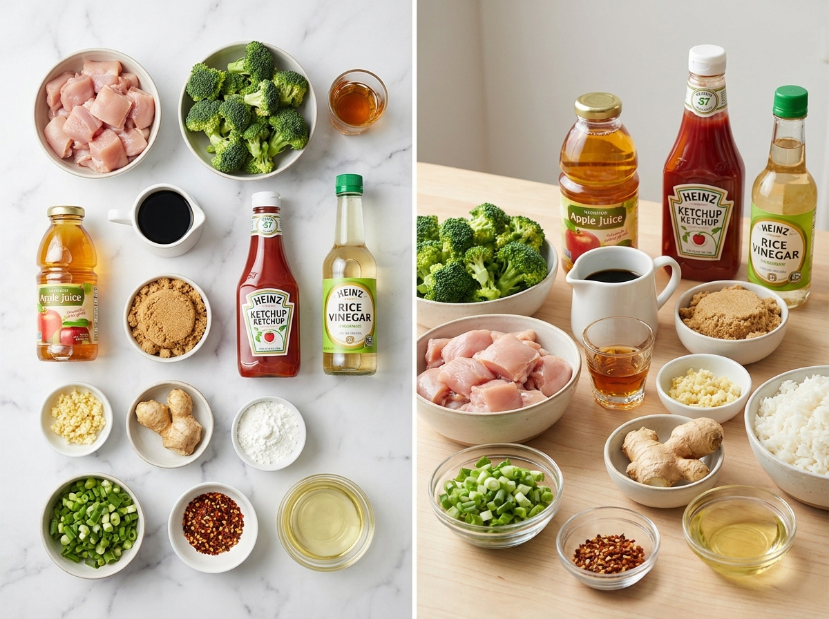 Ingredients for bourbon chicken with broccoli and sweet soy glaze