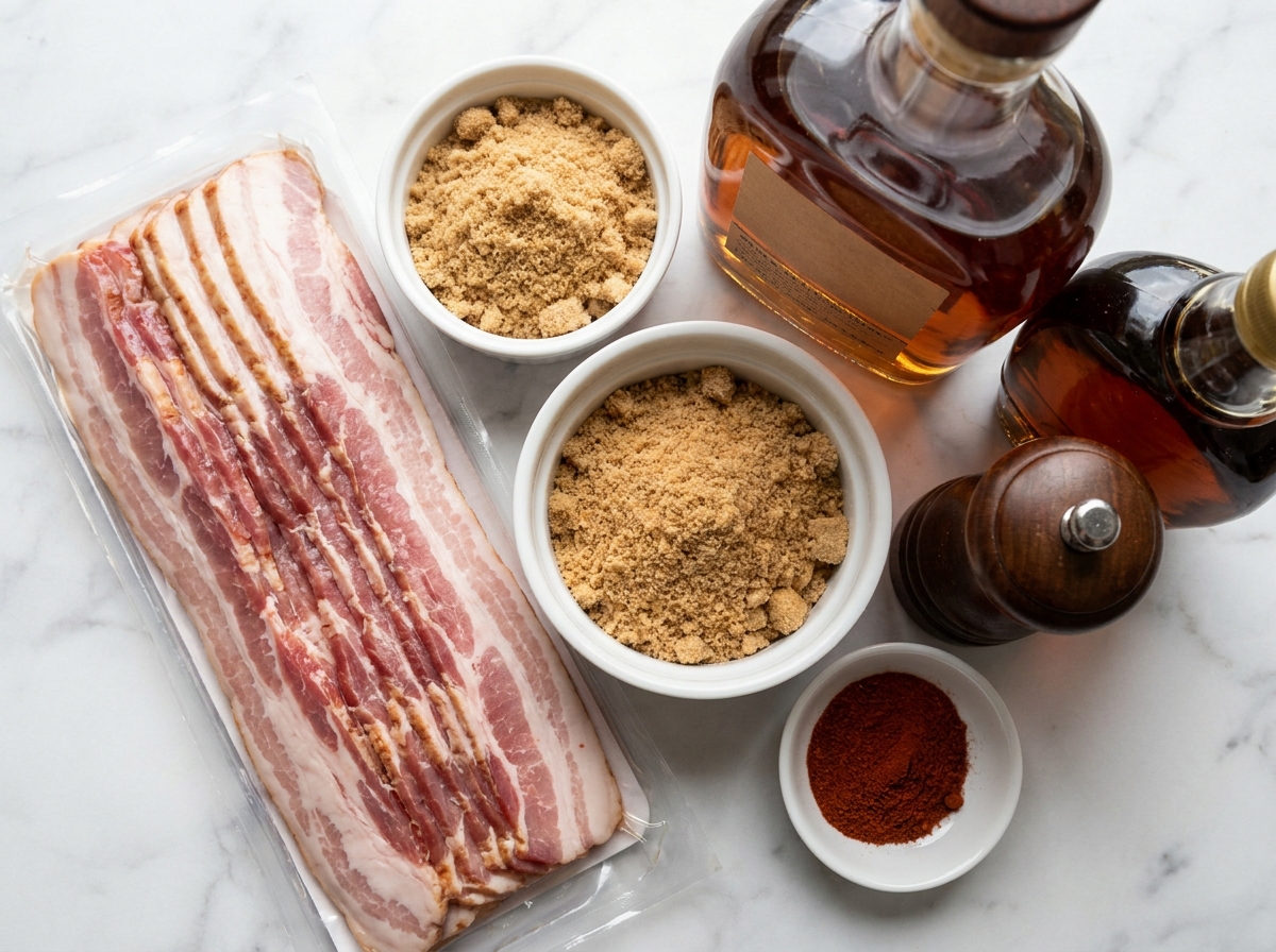 Raw thick-cut bacon, brown sugar, bourbon, maple syrup, and spices on a wooden surface