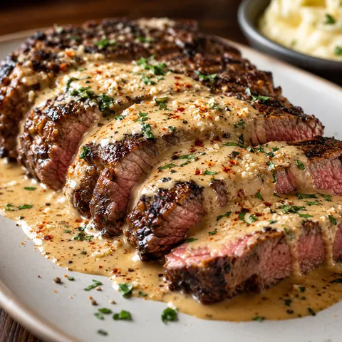 Bourbon steak with garlic cream sauce, parsley, and seared crust