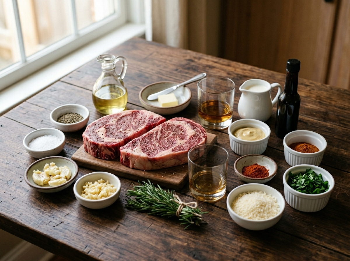Raw steak, bourbon, garlic, cream, herbs, and spices for bourbon steak