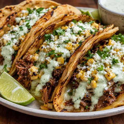 Braised brisket tacos with street corn, cotija, cilantro, and jalapeño ranch