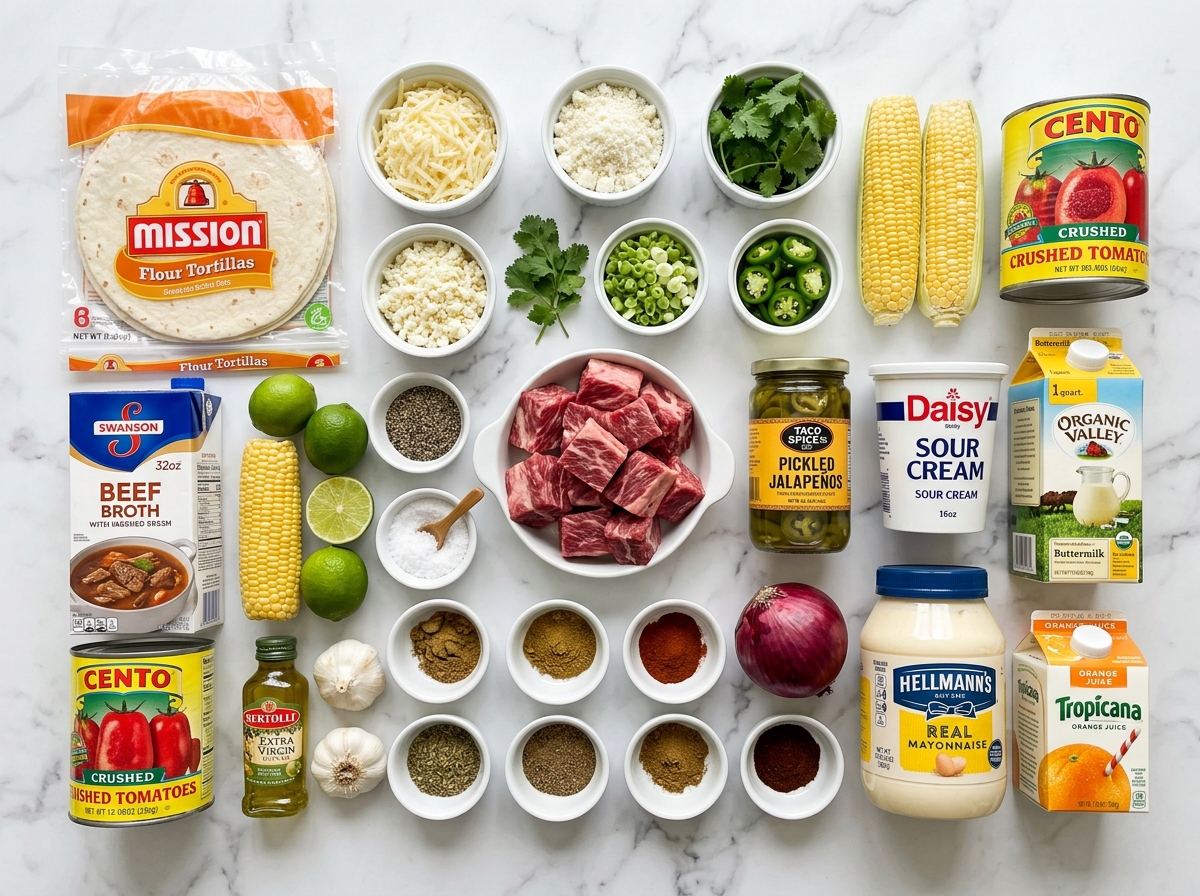 Ingredients for brisket tacos with corn, jalapeños, limes, cheese, and ranch