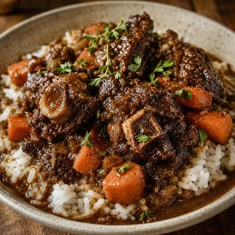 Braised oxtails with brown gravy over white rice and parsley
