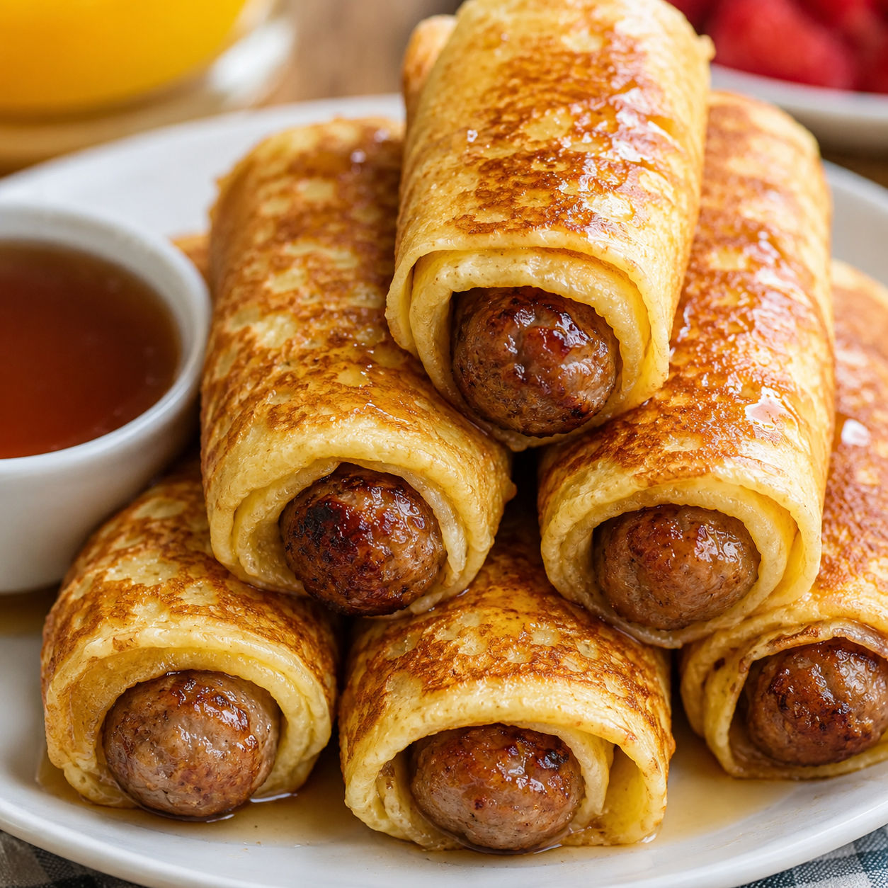 Breakfast beef in a blanket with maple syrup on a white plate