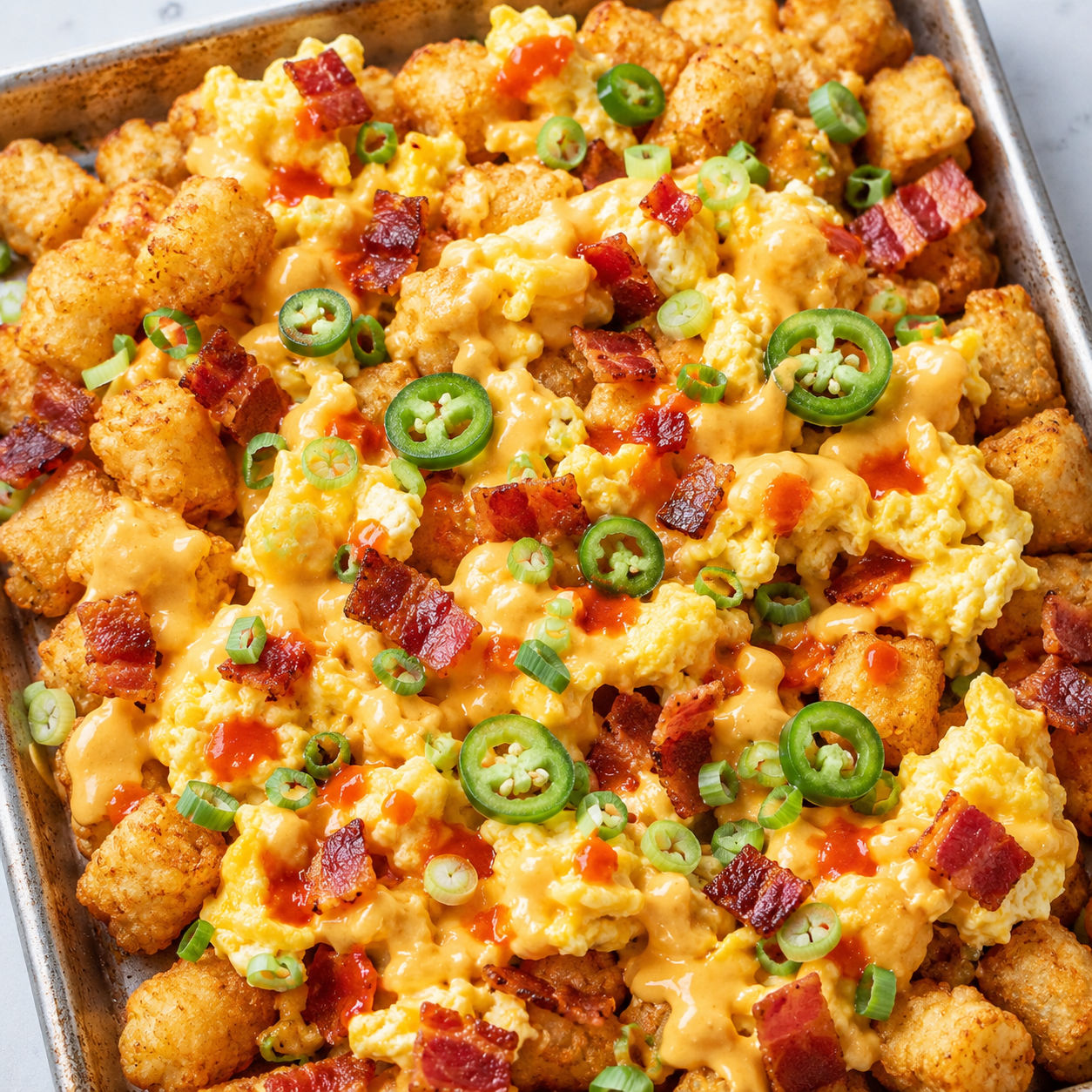 Breakfast Totchos with eggs, cheddar sauce, bacon, scallions, and jalapenos