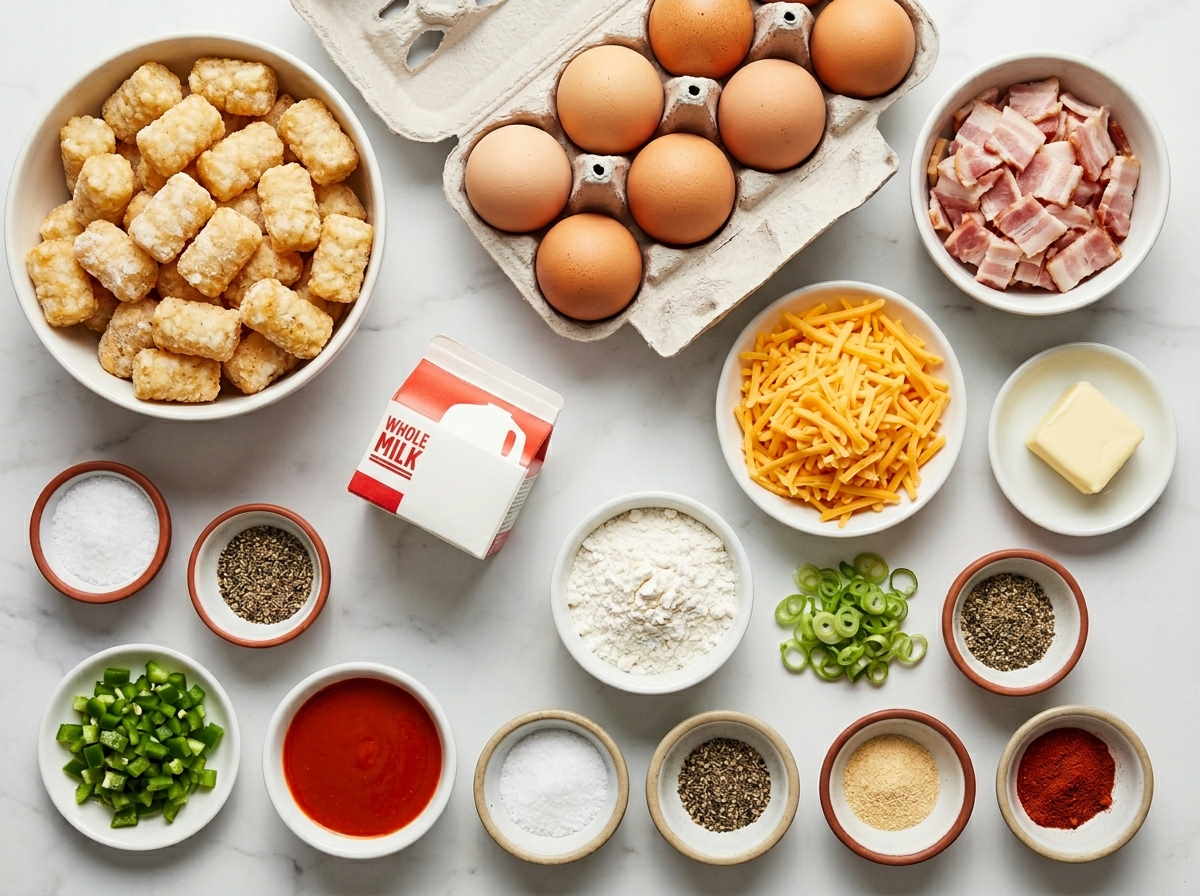 Ingredients for Breakfast Totchos with tater tots, eggs, bacon, and cheddar