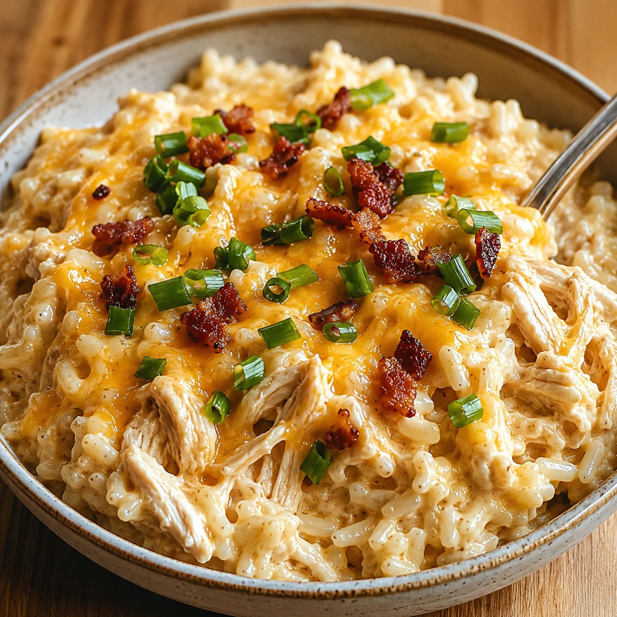Creamy chicken bacon cheddar rice with green onions in a bowl