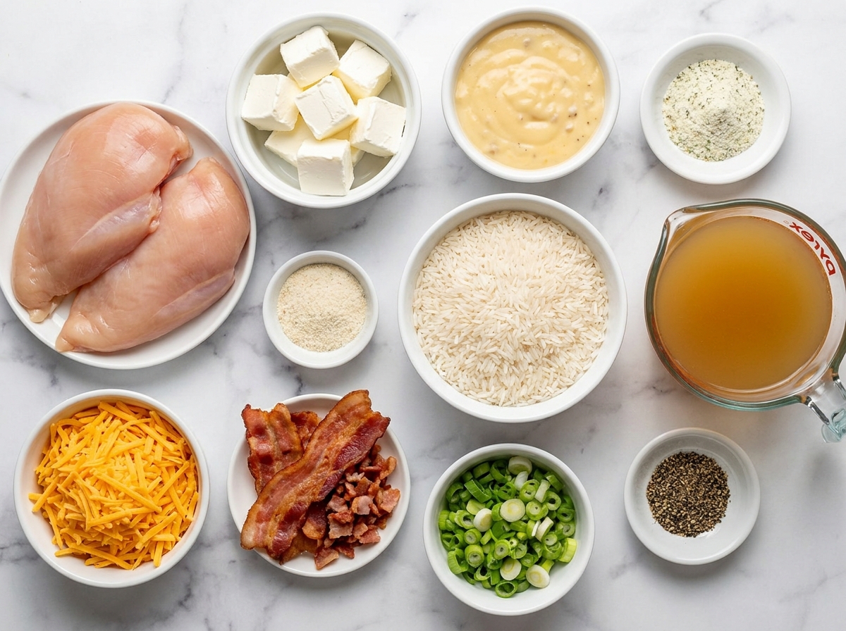 Ingredients for chicken bacon cheddar rice on a wooden surface