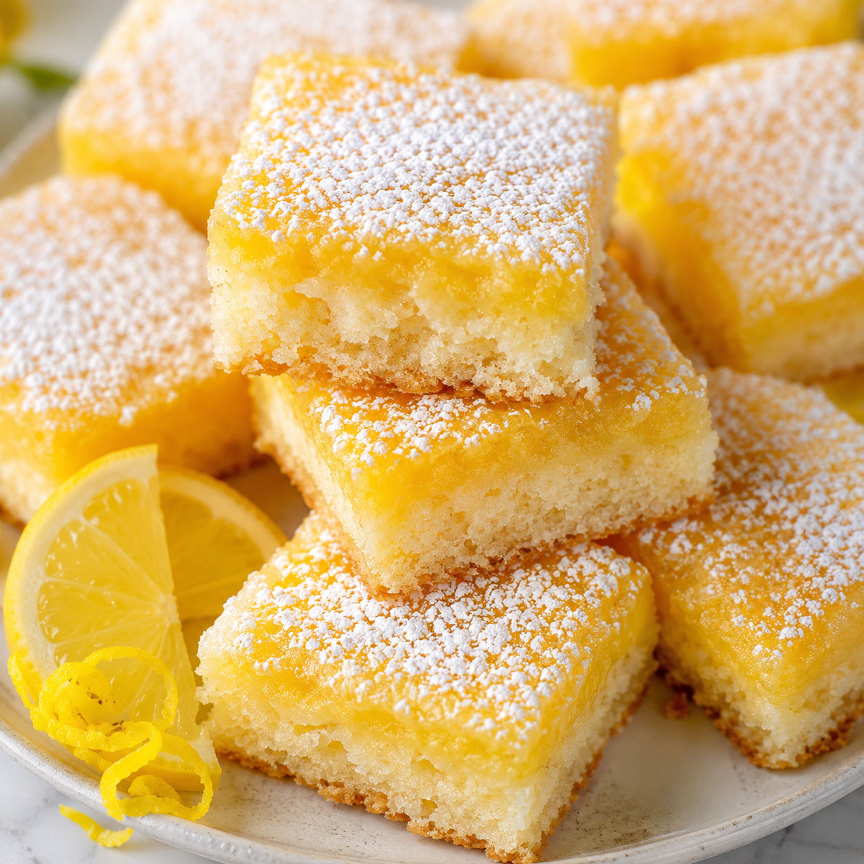 Fluffy lemon bars dusted with powdered sugar on a pale plate
