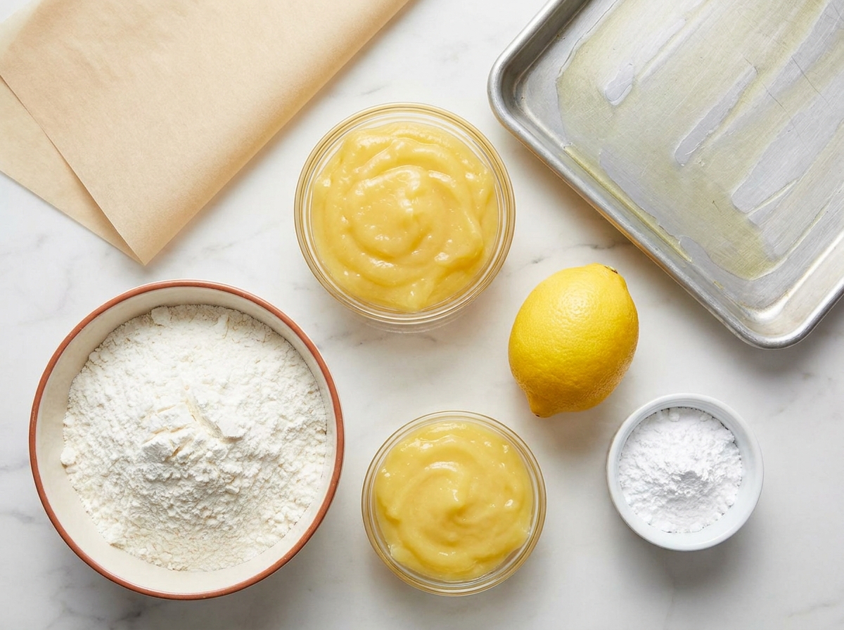 Angel food cake mix, lemon pie filling, lemon zest, and powdered sugar