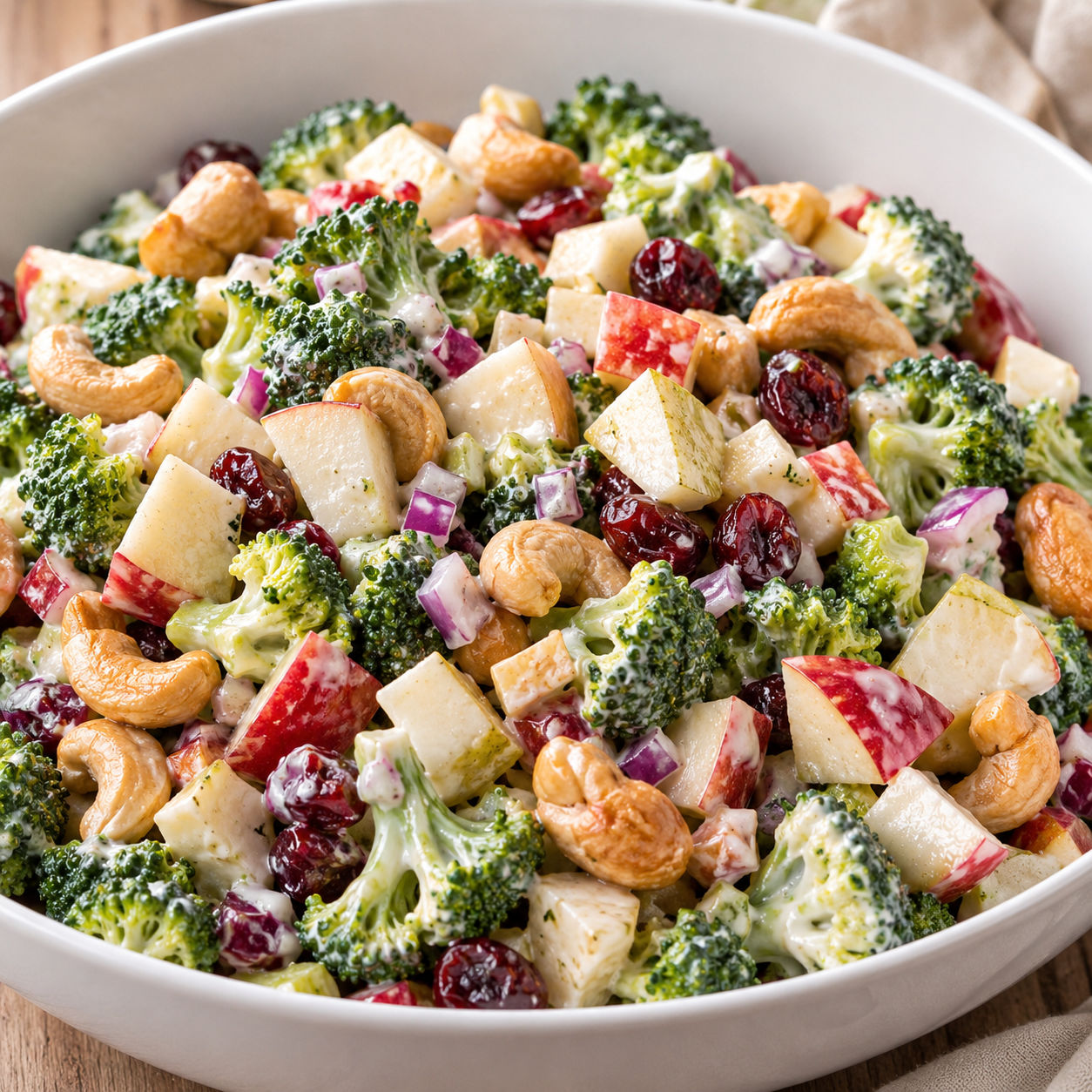 Broccoli cashew salad with diced apples, pears and cranberries in a creamy dressing