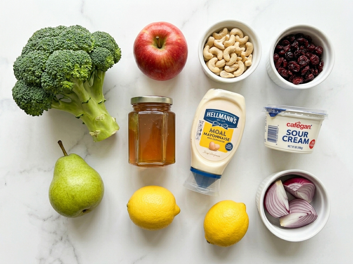 Raw broccoli, apple, pear, cashews, cranberries and dressing ingredients on a wooden board
