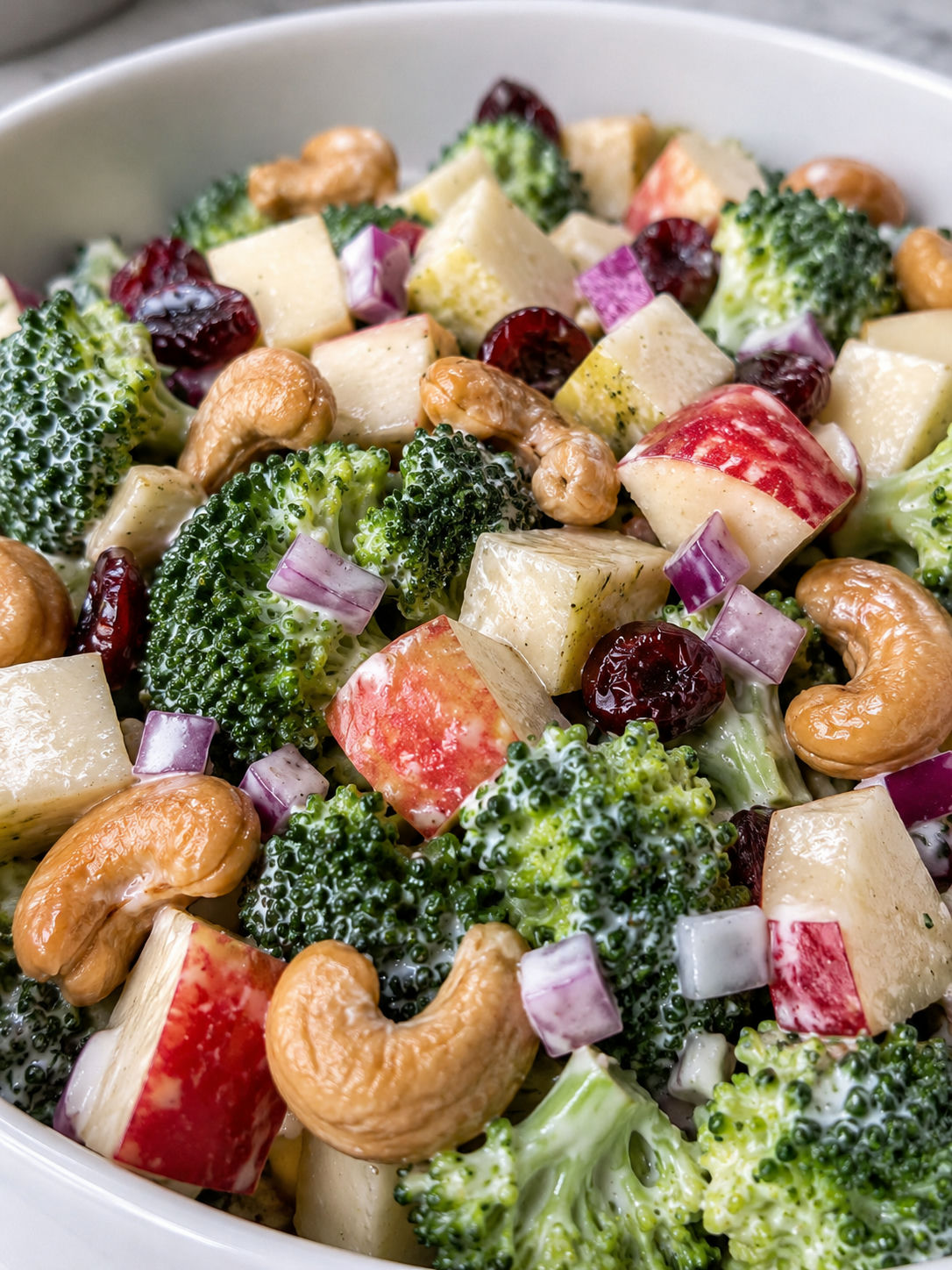Broccoli Cashew Salad with Apples and Pears, plated and served