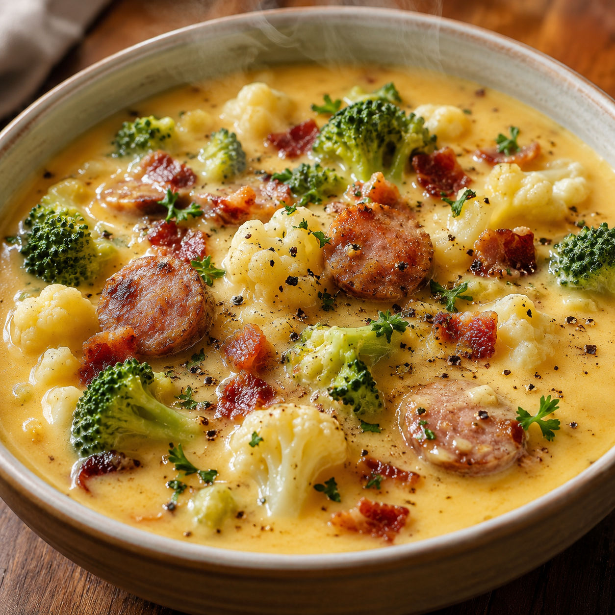 Creamy broccoli cauliflower cheese soup with sausage and bacon