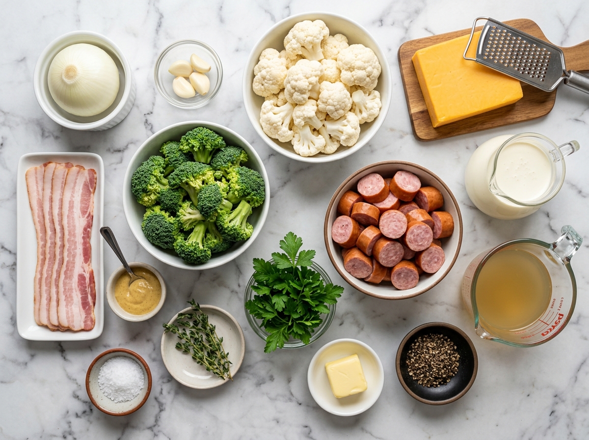 Ingredients for broccoli cauliflower cheese soup with sausage