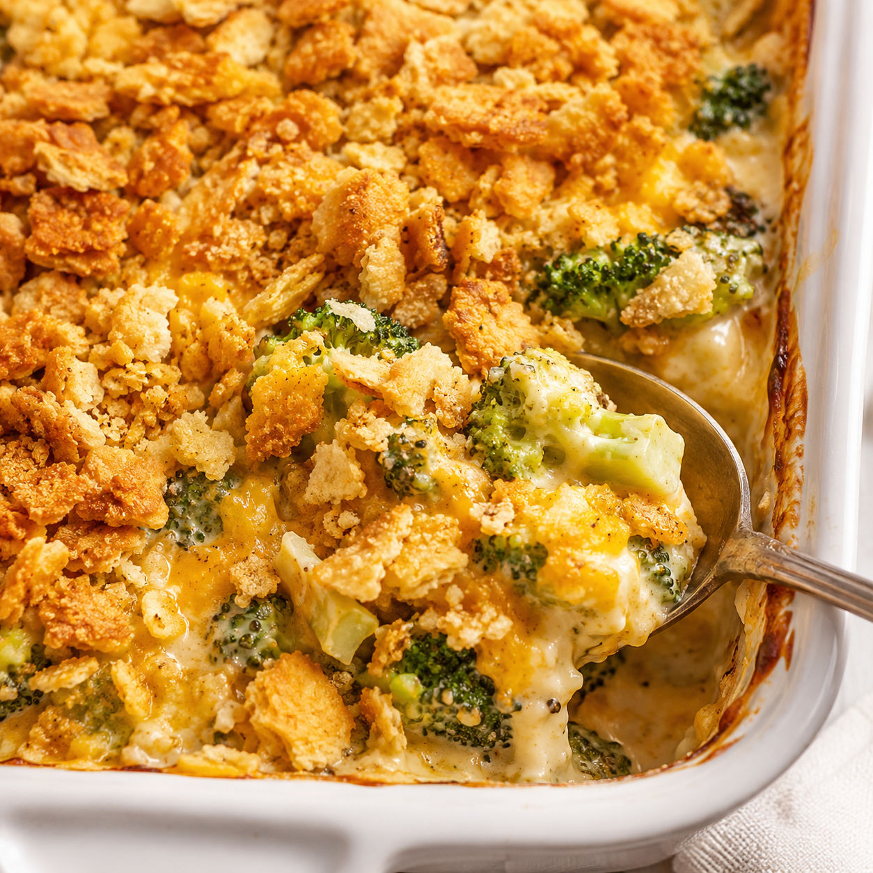 Broccoli Cheese Casserole with golden cracker topping in a white baking dish