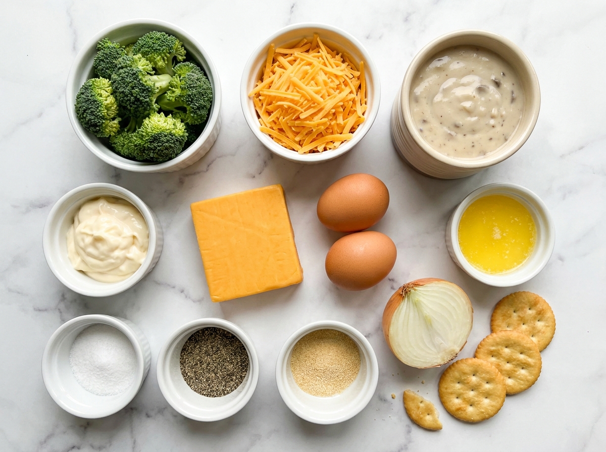 Ingredients for Broccoli Cheese Casserole with broccoli, cheddar and crackers